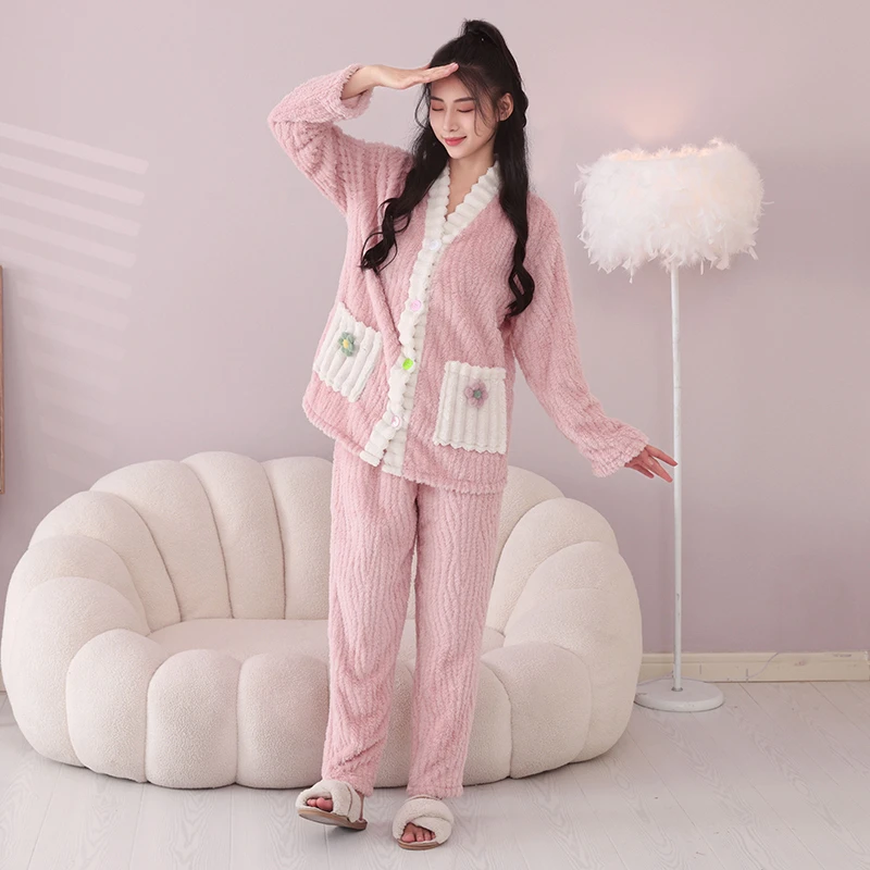 睡衣女士秋冬季冬款舒棉绒树纹加厚加绒珊瑚绒家居服长袖保暖套装