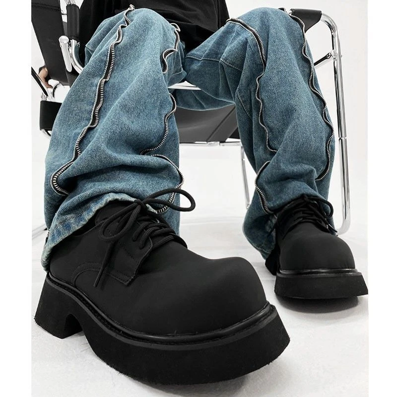 哑光圆头德比鞋男皮鞋英伦厚底圆头百搭黑色复古情侣大头男鞋潮款