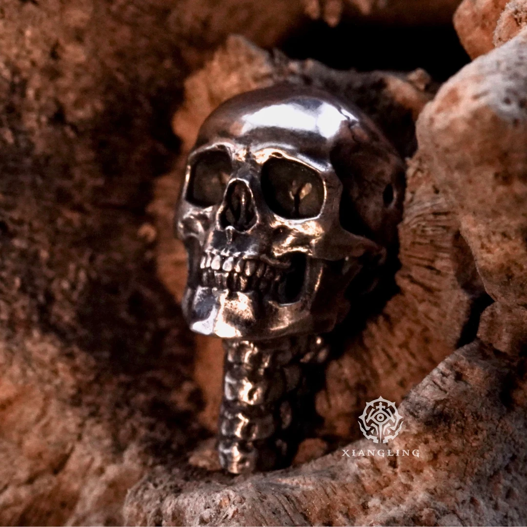925银银制品 相灵工造 无邪三通 写实骷髅三通吊坠小众做旧素款