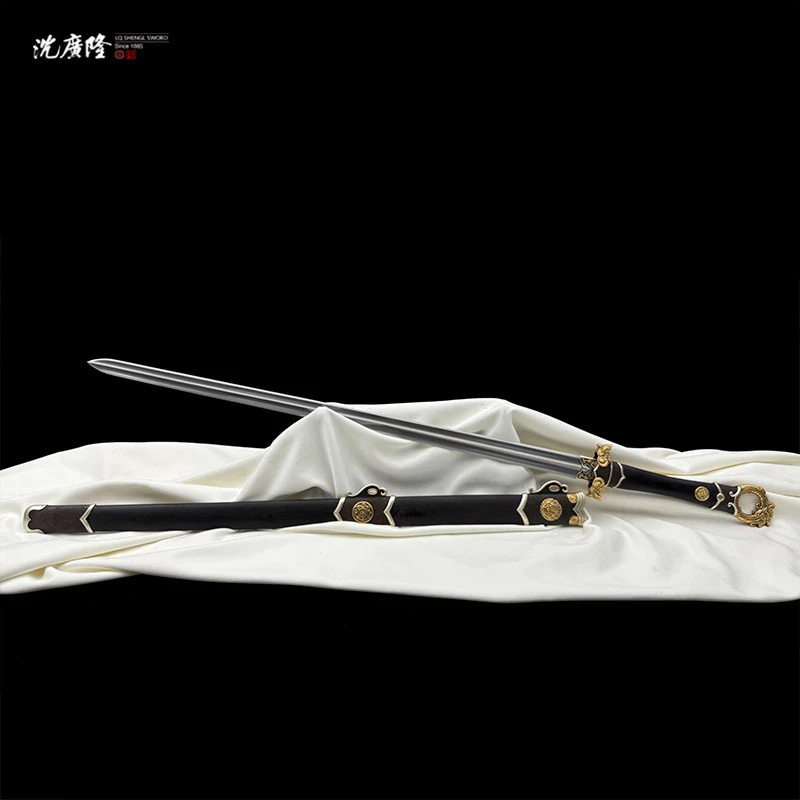 龙泉沈广隆-龙门环首剑 黄铜鎏金银 黑檀木 乾坤刃 花纹钢 未开刃