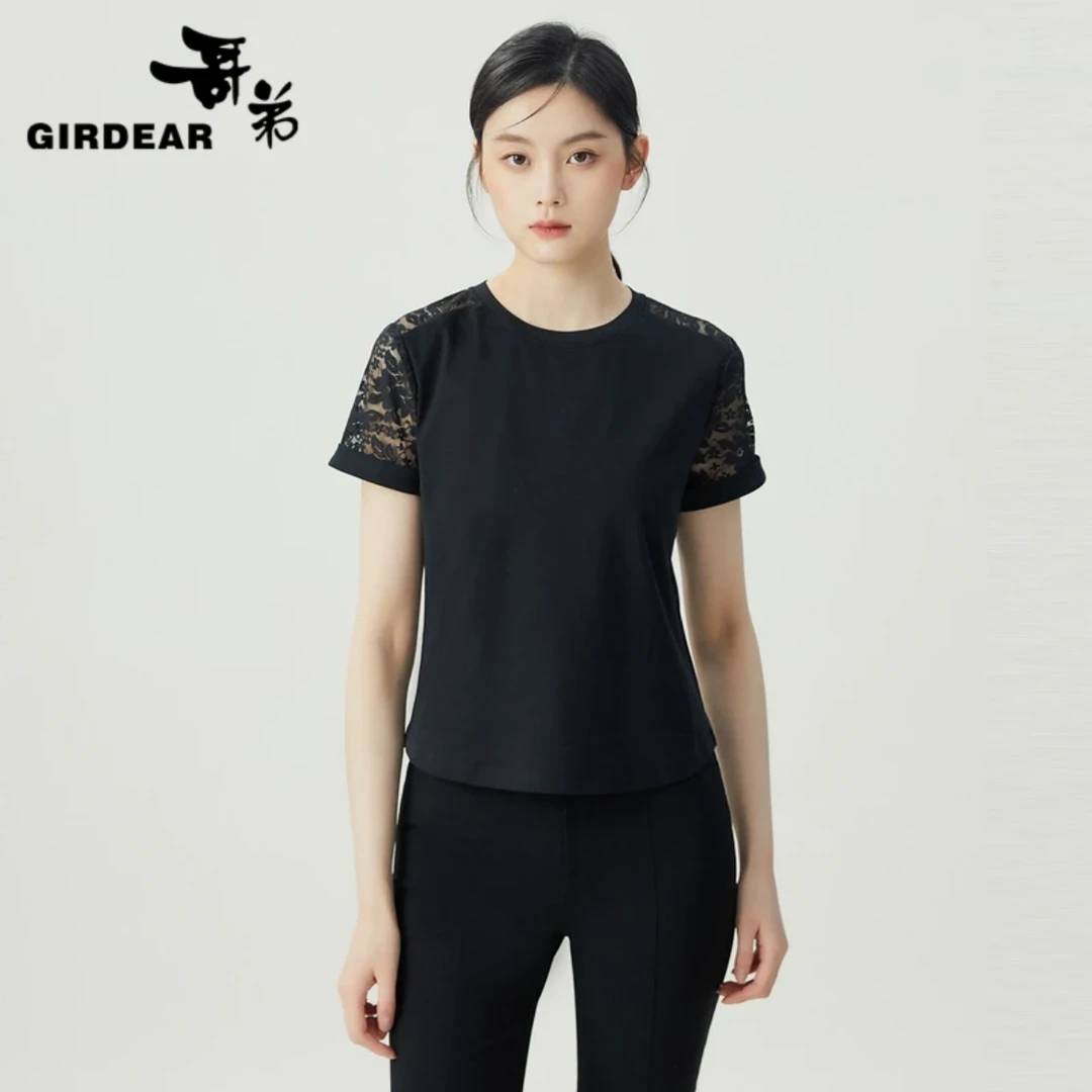【蕾丝绮梦】哥弟新款女装显瘦气质法式蕾丝袖棉质圆领T恤衫1300946