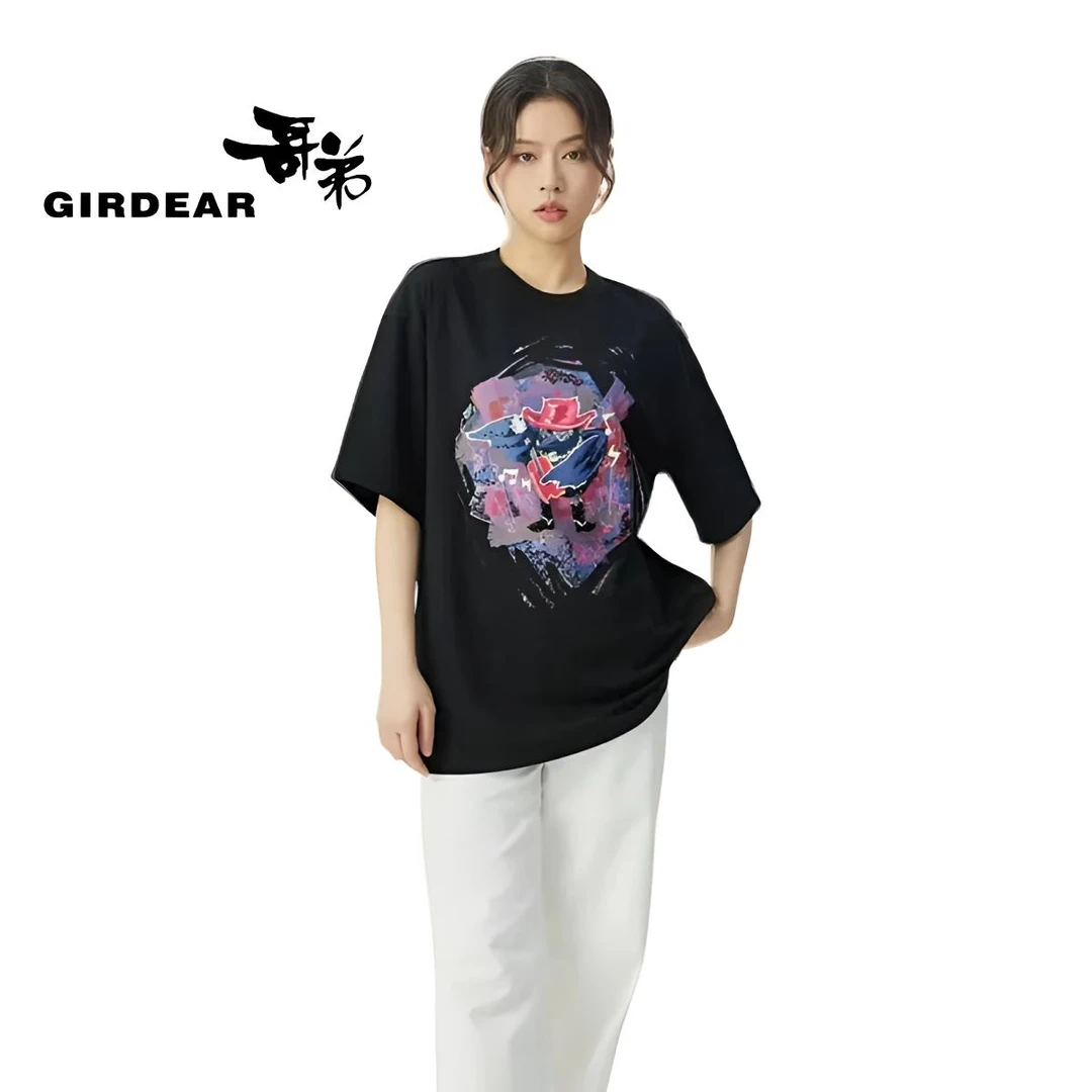 【黑夜盛装】百搭气质圆领廓形原创图案设计感短袖潮情侣衫-1300865