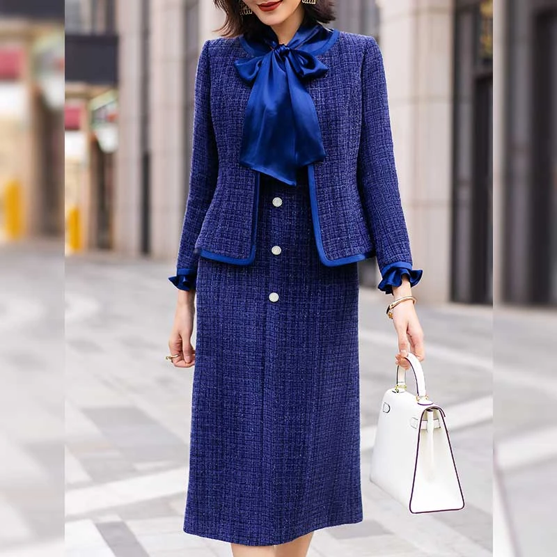 优雅蓝色小香风套装裙两件套2025新款春秋气质时尚女神范连衣裙