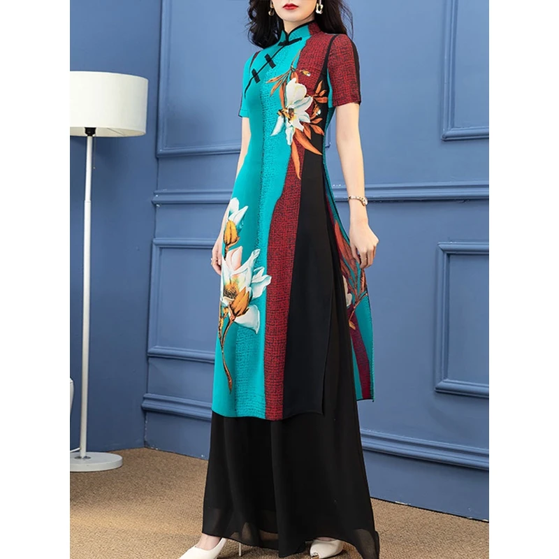 优雅复古旗袍套装裤女2025年新款黑色中国风阔腿裤两件套时尚套装