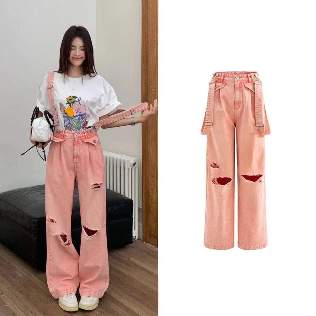 【合器里专属】YANGHAIYANG 夏季新款割破牛仔裤直筒背带裤