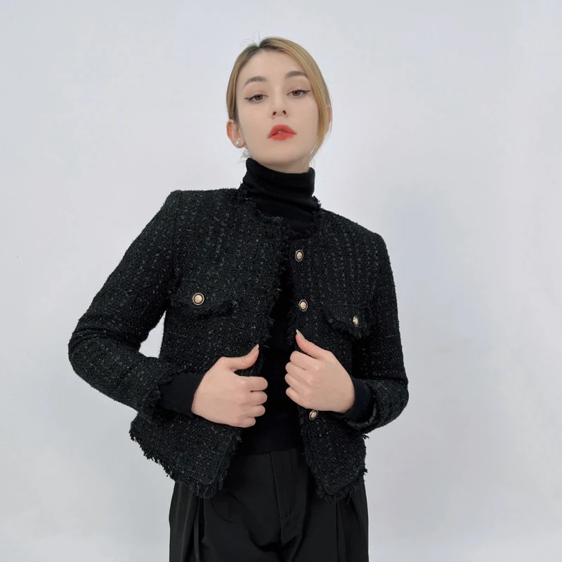 2023秋冬新款黑色小香风上衣女外套设计感高级感上衣2362#