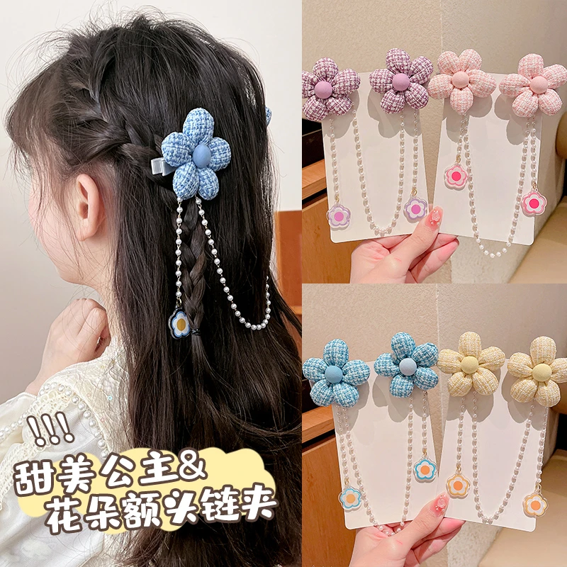 儿童布艺花朵侧边发夹头饰宝宝春夏彩色额头链发饰小女孩新款发卡