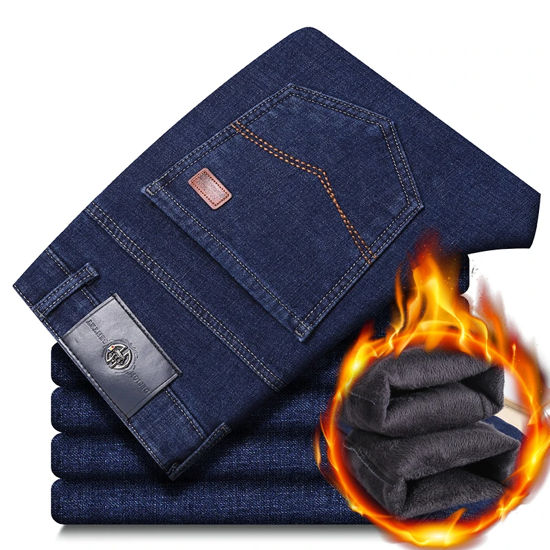 弹力加绒加厚男士牛仔裤直筒宽松休闲加肥加大码冬季加棉中年裤子