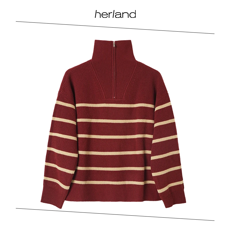 HERLAND她地【两小无猜】法式翻领休闲显瘦半开拉链高领羊毛冬毛衣