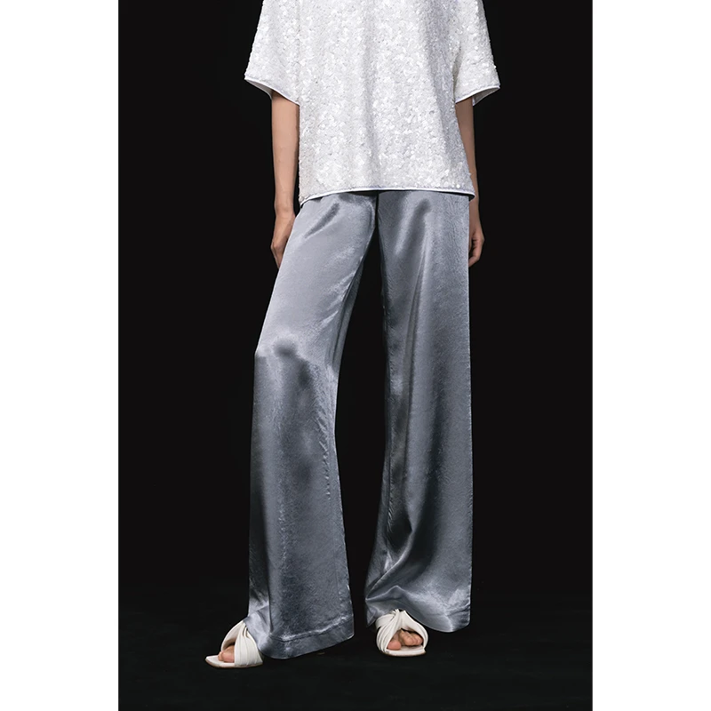 HERLAND她地【消暑裤】简约百搭缎面垂坠感休闲裤女夏收腰醋纤长裤