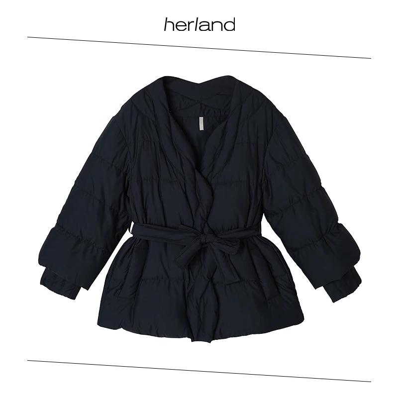 HERLAND她地 【麻花】复古系百搭宽松保暖斜襟鹅绒保暖羽绒服