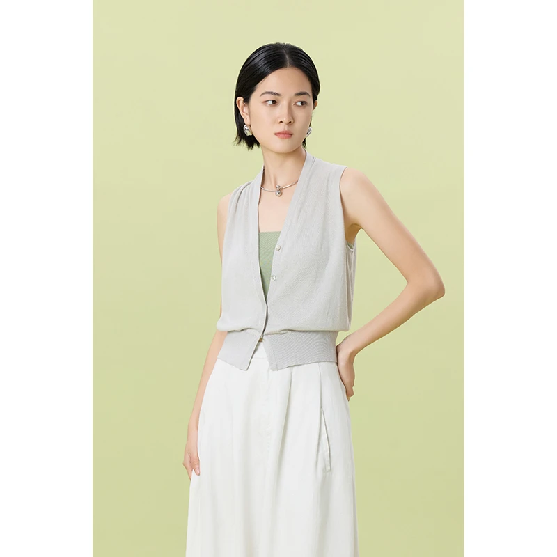 HERLAND她地 【茶歇】法式高级感无袖女通勤百搭短款针织开衫上衣