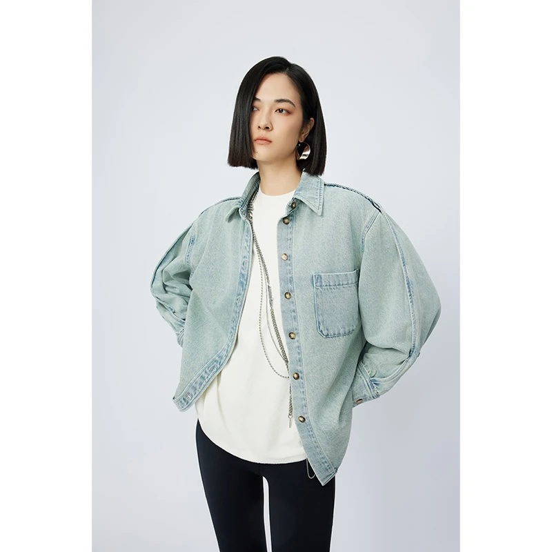 HERLAND她地【哈瓦那】设计感小众宽松显瘦翻领浅牛仔衬衫长袖