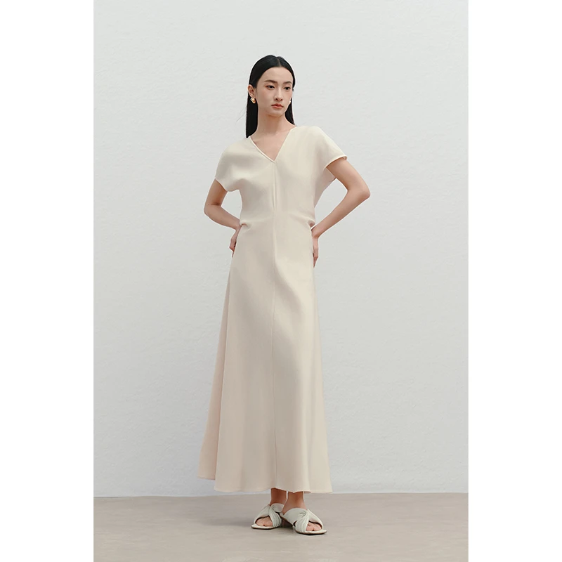 HERLAND她地【峨眉月】法式优雅气质连衣裙女夏收腰V领显瘦醋纤长裙