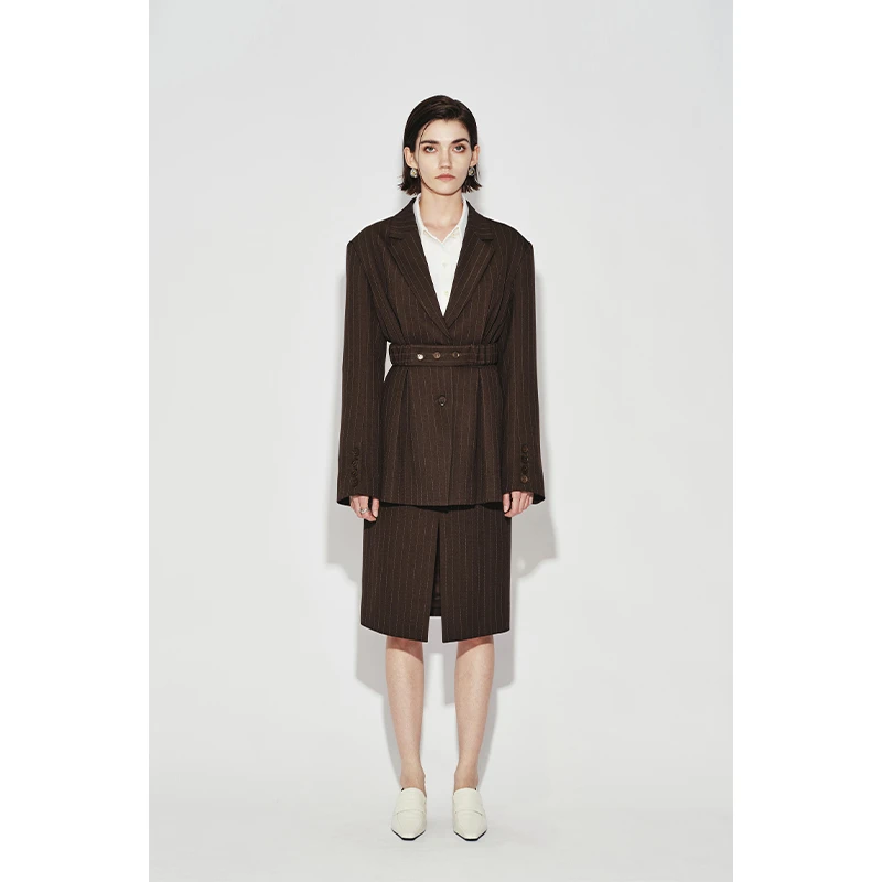 HERLAND她地【继承者】条纹套装设计感收腰西装外套复古半身裙套装