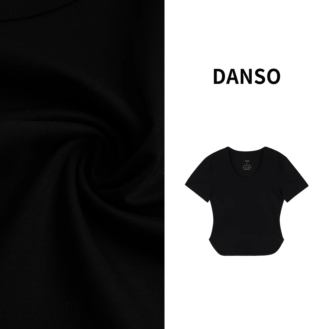 DANSO【S打底】春款设计师U领设计休闲T恤复古黑色印花夏季SW0463