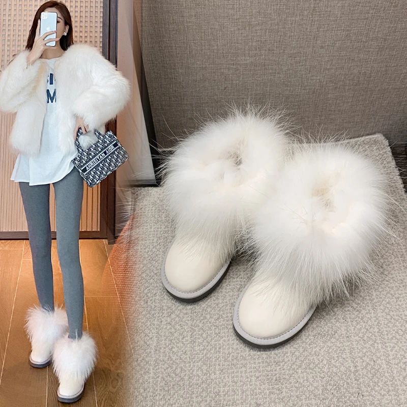 2023新白色狐狸毛防水皮面雪地靴女短筒防滑真皮雪地棉洋气短靴子