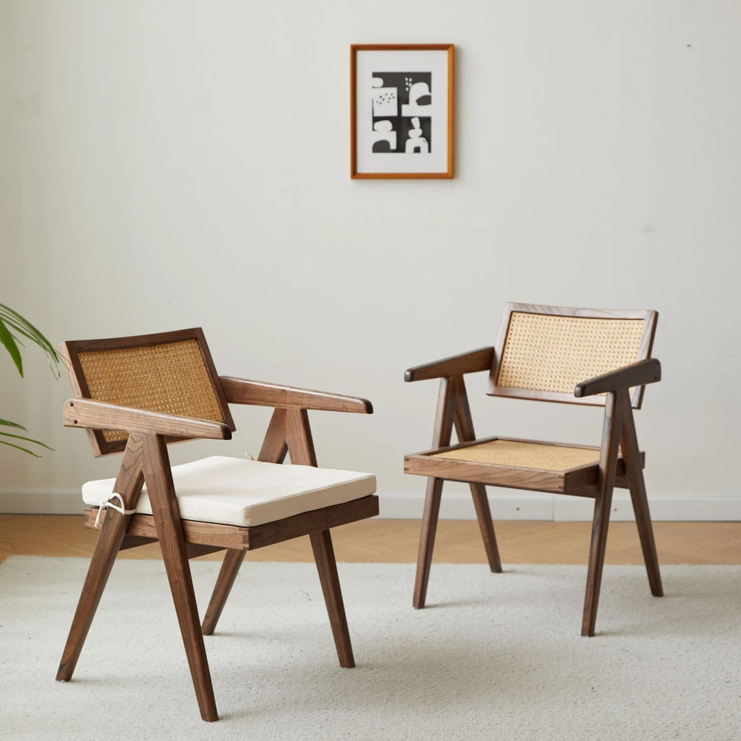 昌迪加尔椅侘寂风中古家具靠背餐椅复古藤编实木书房椅子实木榫卯