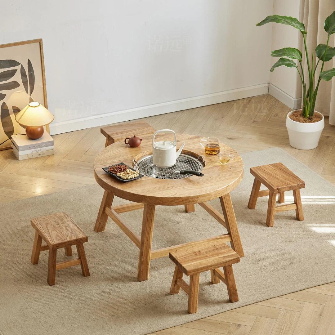 实木小茶桌老榆木围炉茶桌新中式简约煮茶火锅桌复古禅意圆形茶几