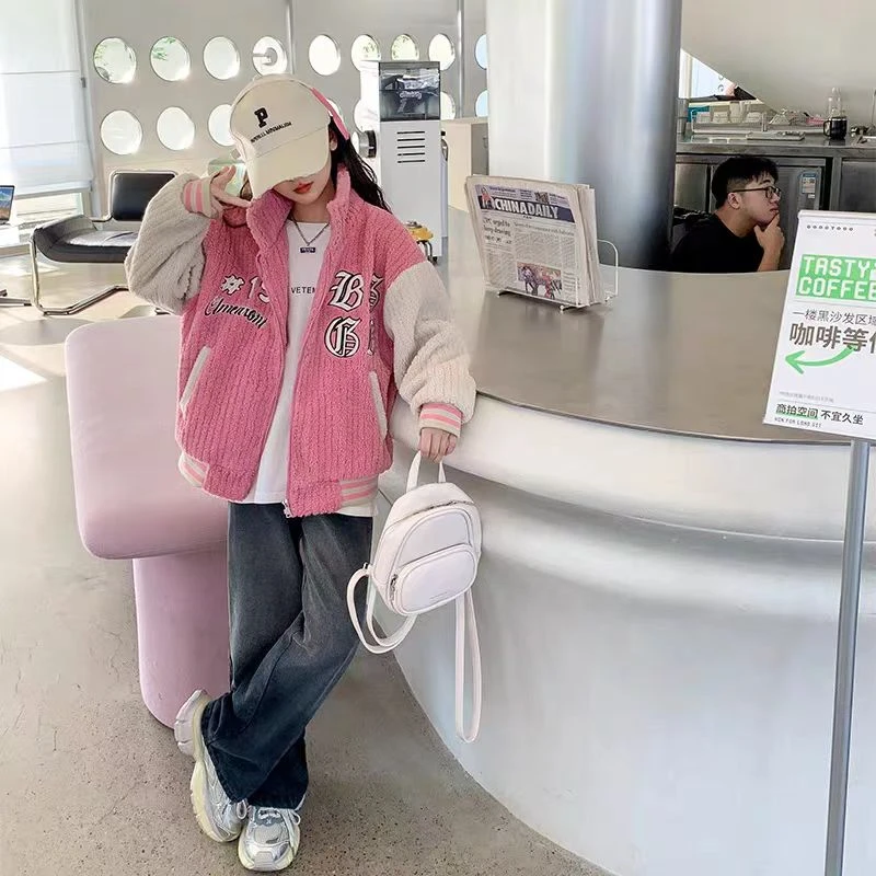 现货Z014女童冬季加绒拼色外套