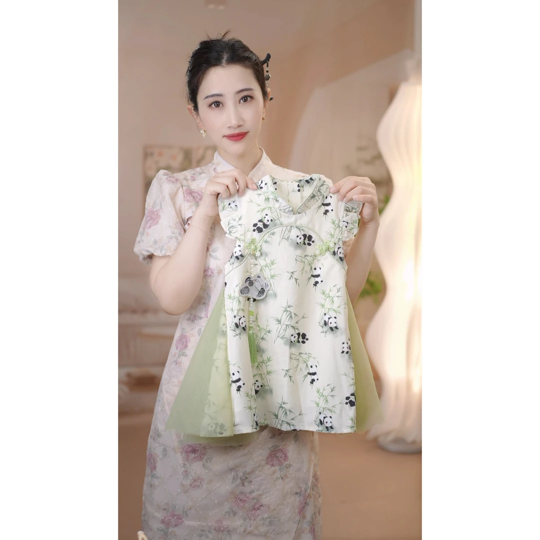 （现货）有里衬带流苏 AC629女童夏季熊猫国风旗袍儿童时尚中式印花