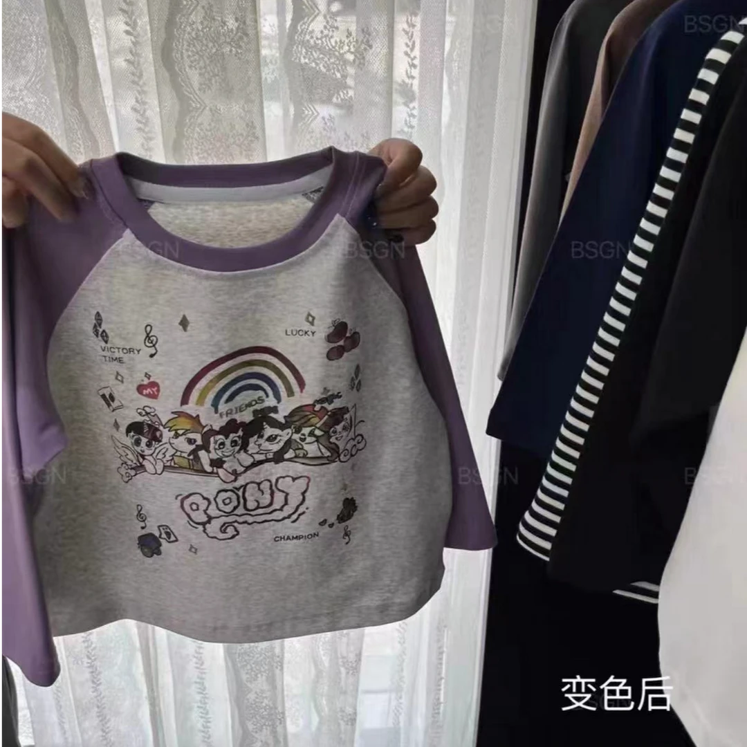 现货X951女童秋变色棉印花拼色T恤