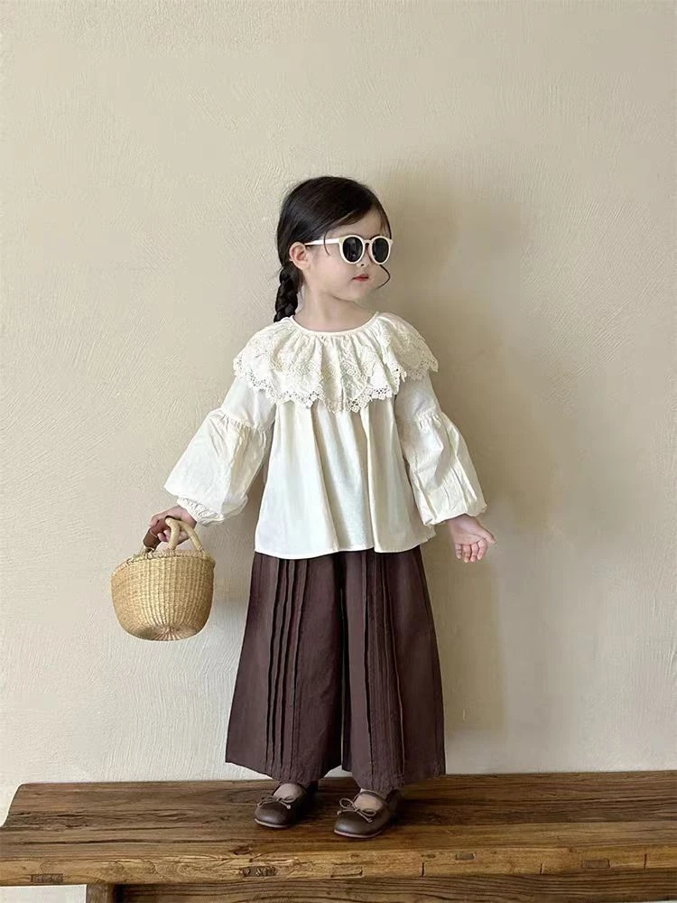 现货【大花边衬衣咖色裤套装】AC966女童秋季韩版花边领衬衫+裤子