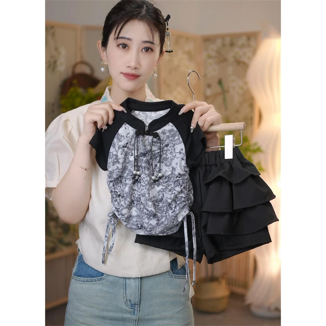 现货AC555女童夏季国风辣妹套装时尚百搭复古抽绳