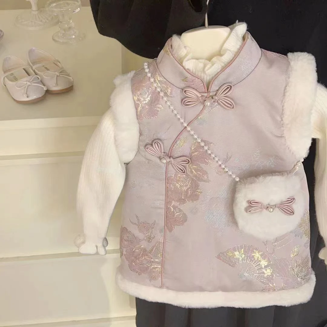 仙鹤 现货【带包包】AC937女童冬季国风旗袍马甲背包两件套