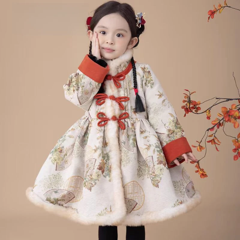 【红袖】现货GF037女童外套裙冬季夹棉国风旗袍裙礼服周岁年服