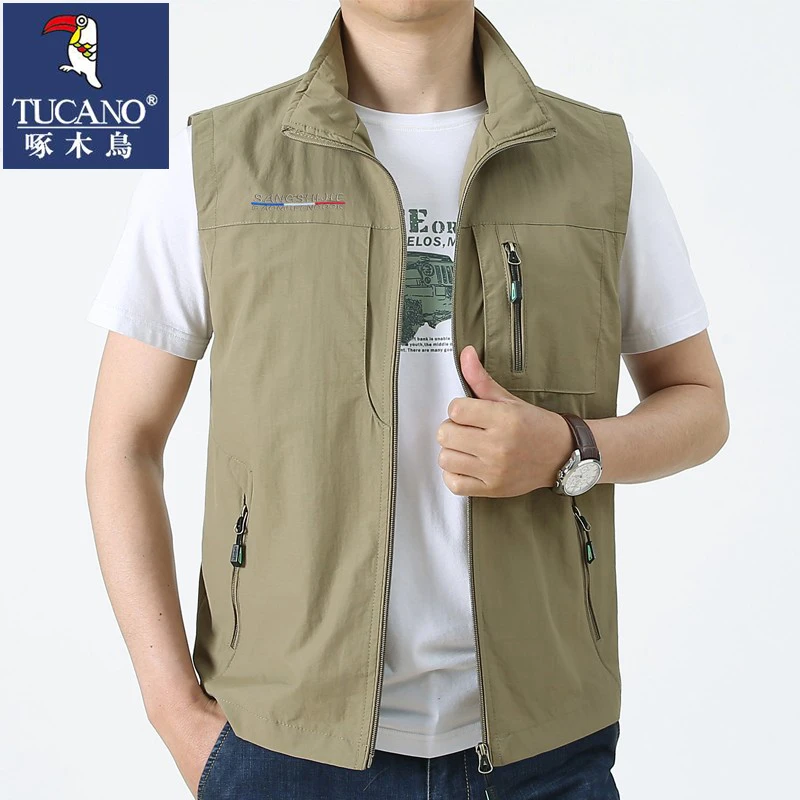 啄木鸟男士马甲春秋季多口袋中老年摄影背心户外休闲钓鱼大码坎肩