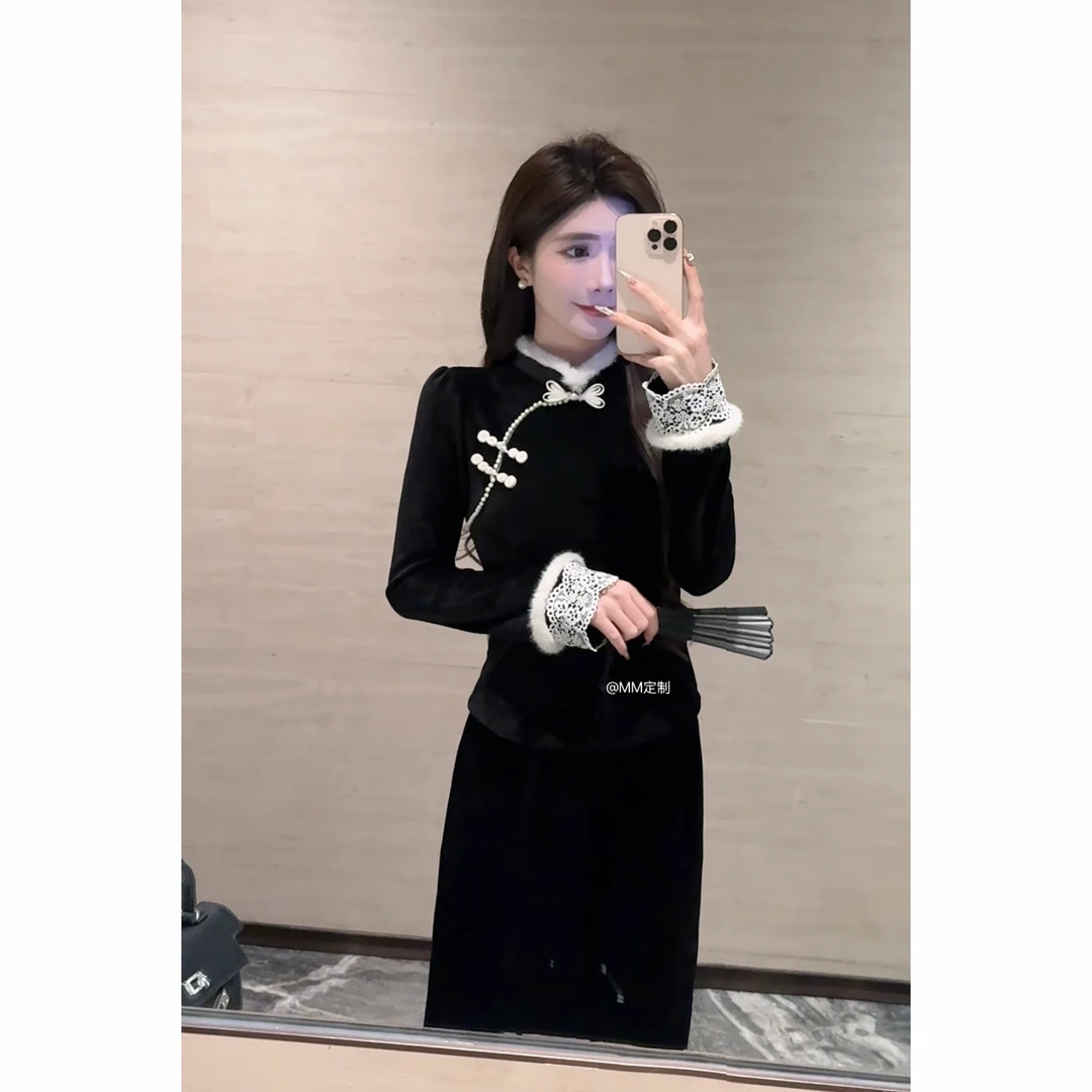 【锦心似玉】2024新款冬季加厚保暖新中式盘扣蕾丝拼接丝绒上衣A338