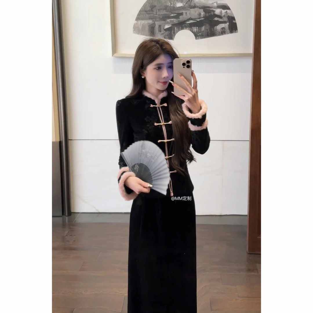 【东方韵美】2024新款冬季加绒加厚新中式黑丝绒抗寒保暖上衣A336