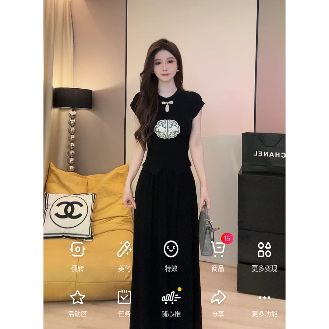 【青烟蝶梦】黑色套装2024春夏新中式风刺绣印花飞飞袖上衣A108