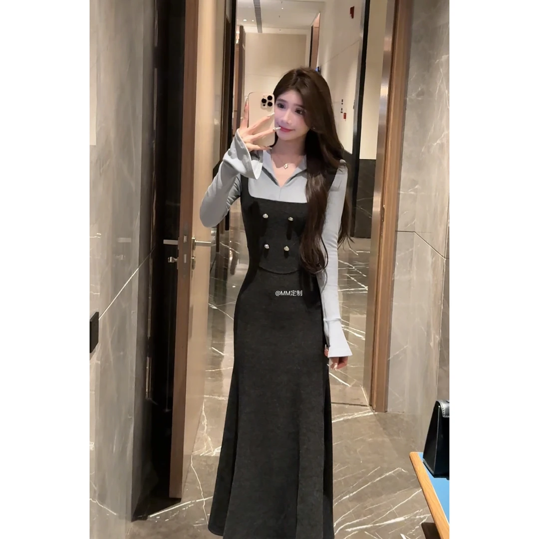 【漫画比例】2024冬季新款显瘦气质拼色设计感收腰修身连衣裙A229