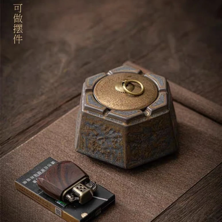 茶道配件中式烟灰缸防飞灰带盖罐家用创意办公室专用复古烟灰缸