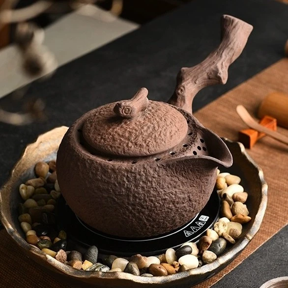 老岩泥泡茶壶陶瓷壶明火加热干烧烤茶粗陶壶侧把单壶围炉煮茶烧水