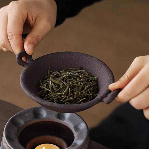 粗陶烤茶锅提香器 中式复古粗陶老岩泥 双耳防烫耐高温烤茶醒茶器