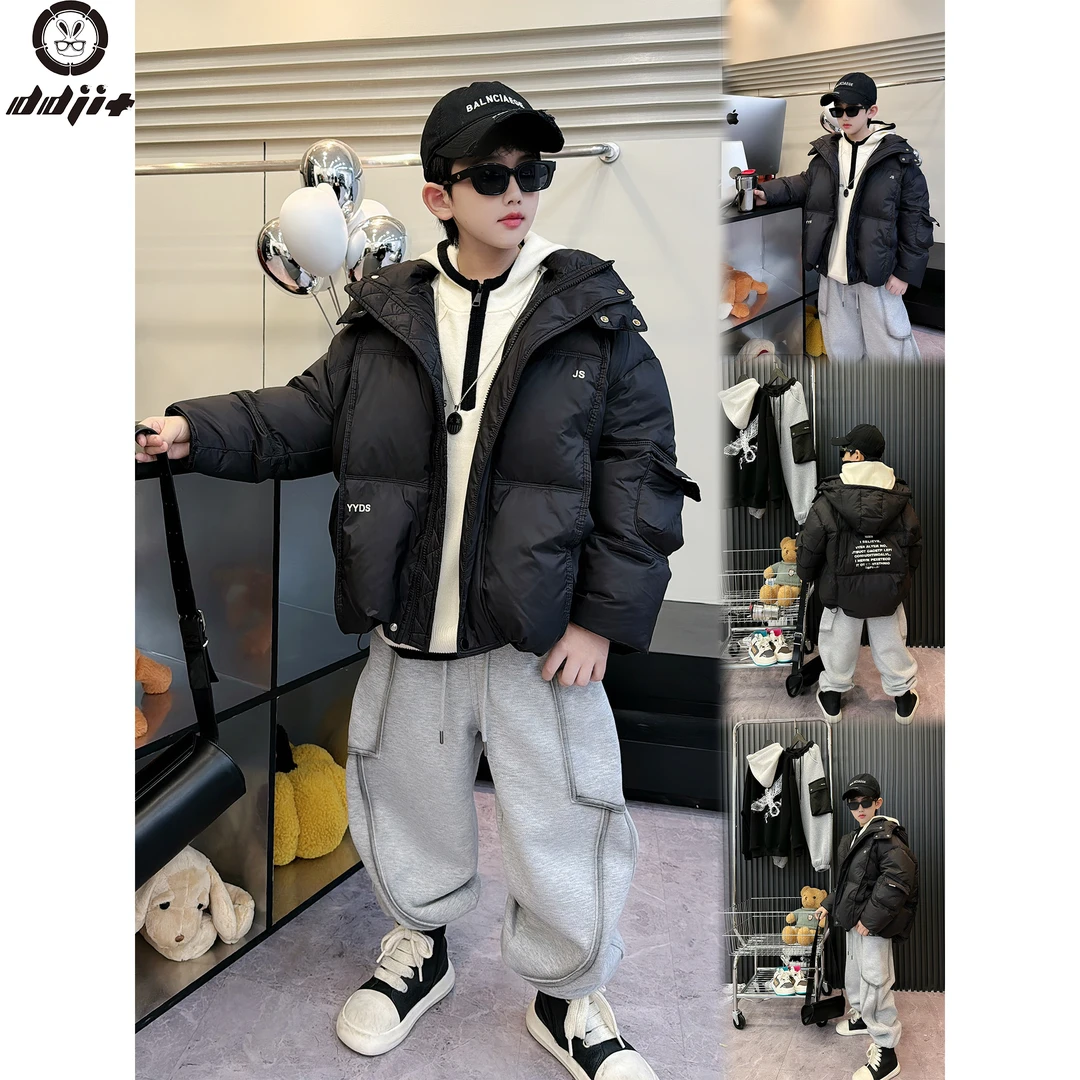 蛋蛋家【黑色连帽羽绒外套】秋季新款儿童黑色字母连帽羽绒外套