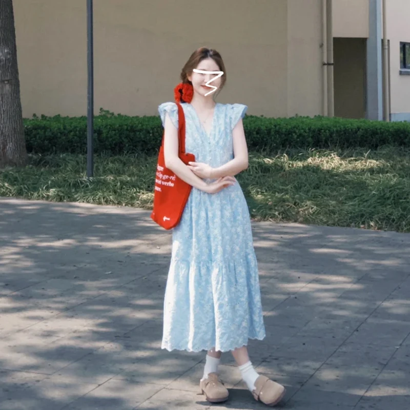 1273小飞袖碎花连衣裙子女夏季2025新款茶歇法式海边度假气质长裙