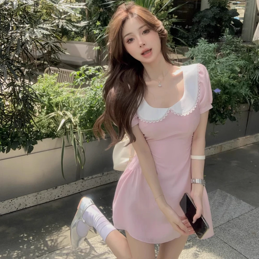 2601泡泡袖娃娃领连衣裙子女夏2025年新款温柔风甜美气质收腰短裙