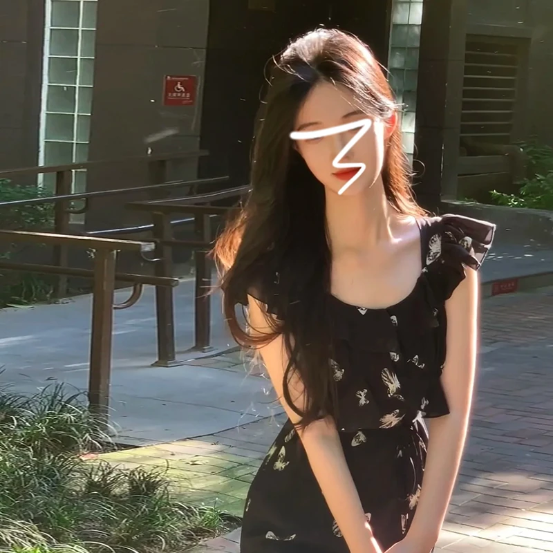 3027法式黑色碎花连衣裙子女2025夏季新款小个子小众长裙