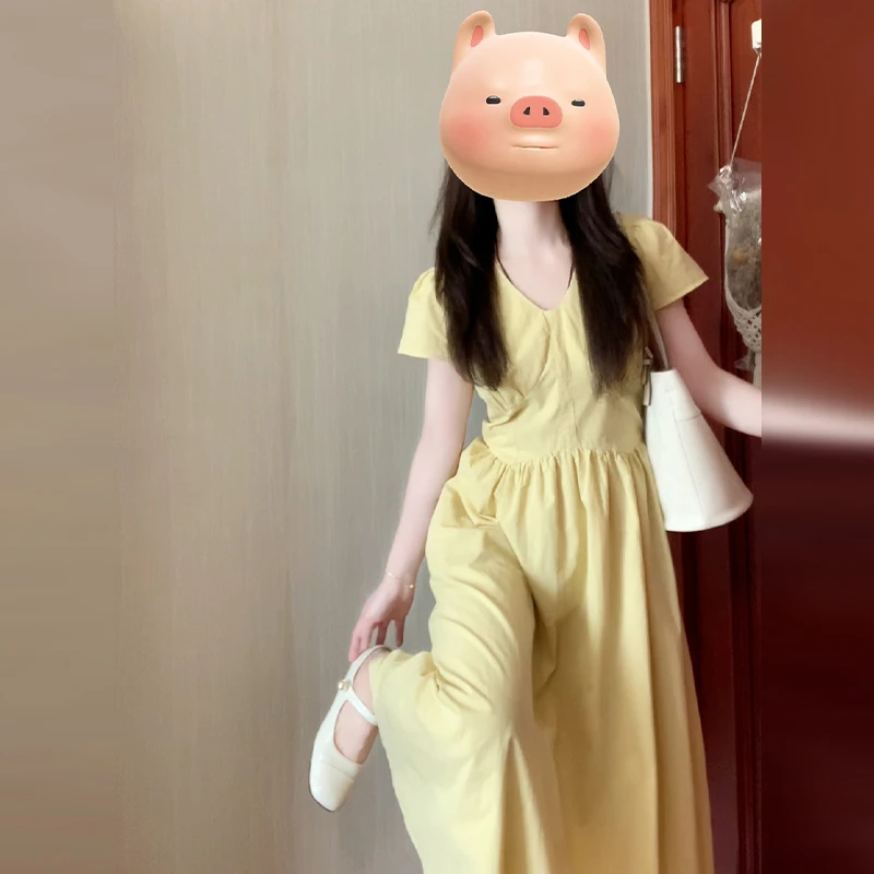 4102法式黄色v领衬衫连衣裙子女夏季2025新款绝美a字长裙