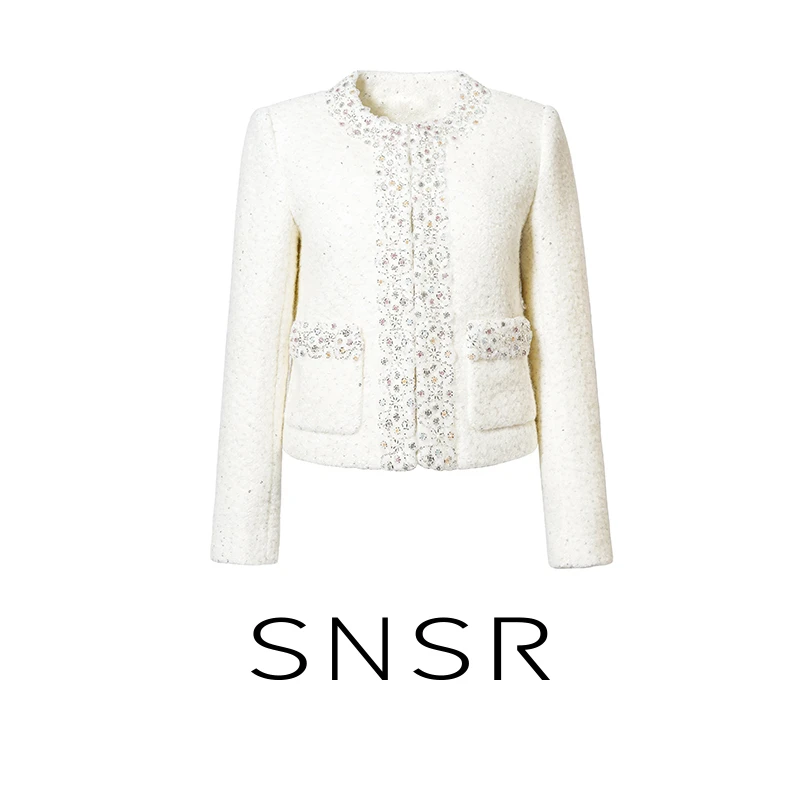 SNSR/圣妮思2025秋季新款重工闪钻圈圈呢小香风长袖外套毛呢大衣