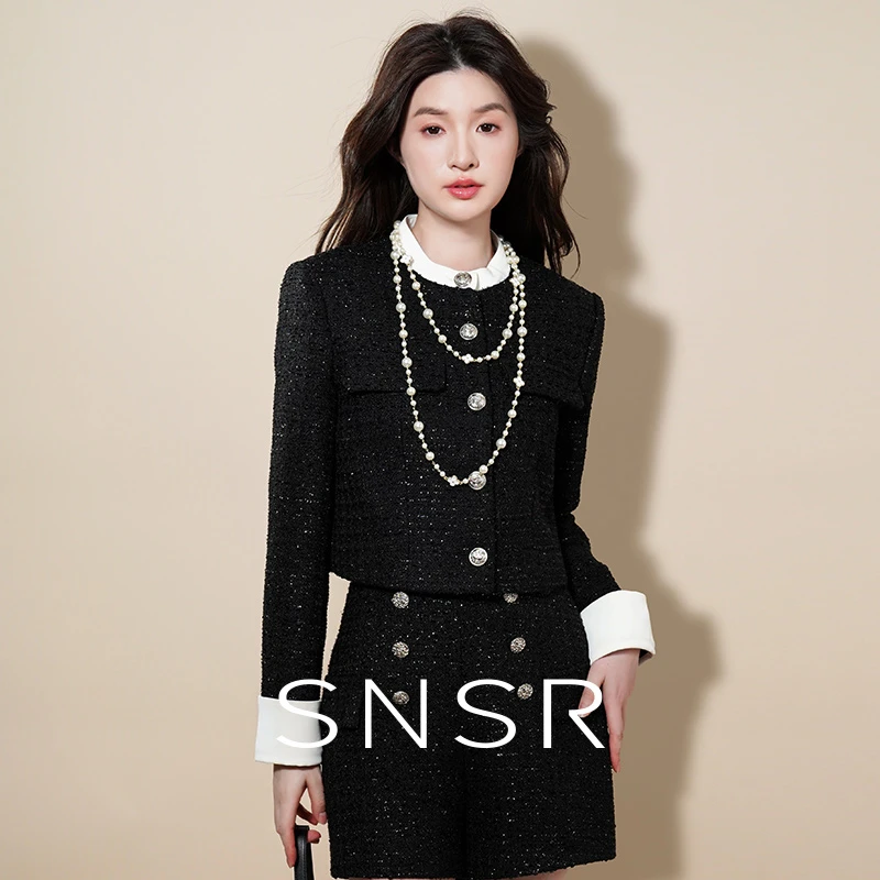 SNSR/圣妮思2025秋季新款静奢风细闪小香风粗花呢立领长袖外套