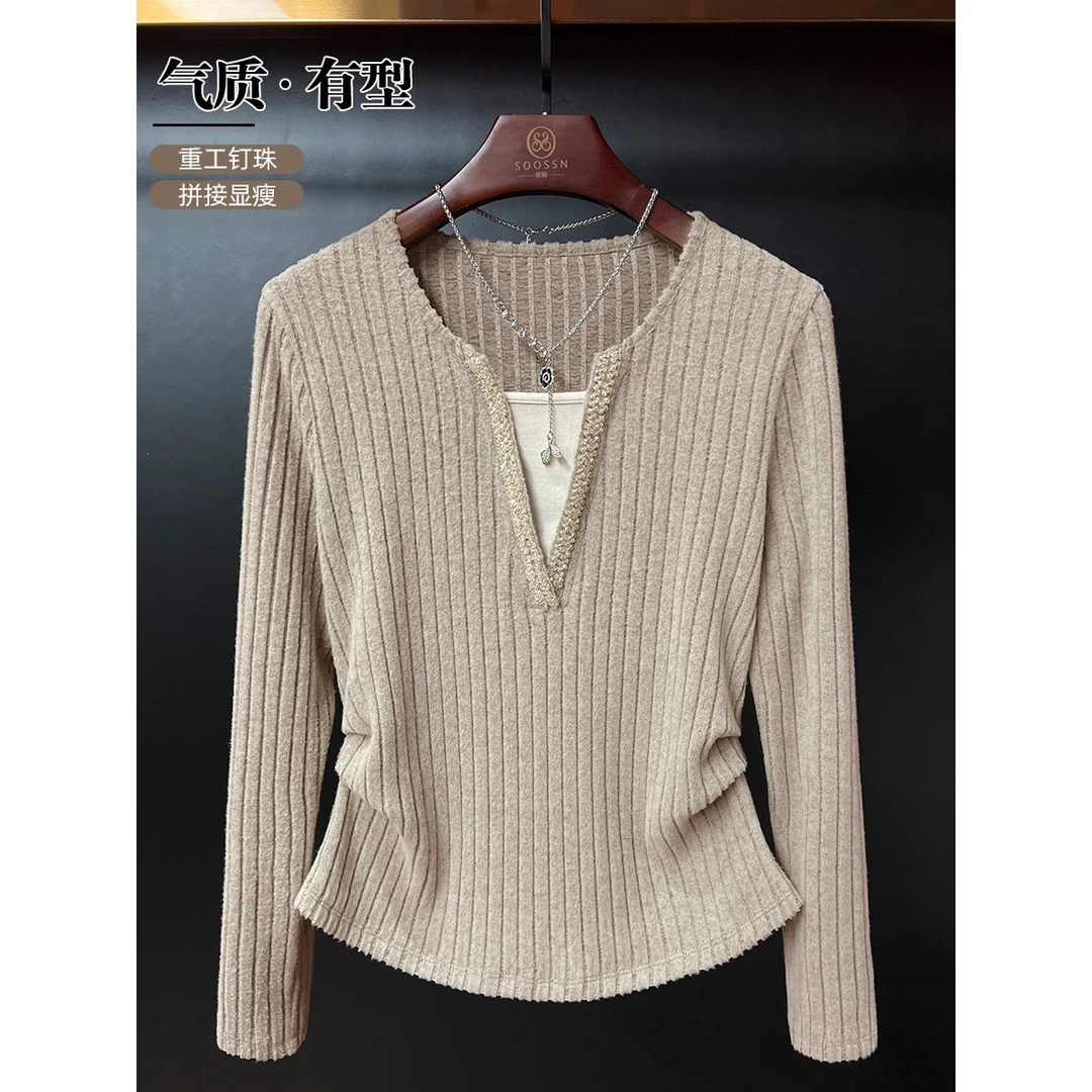 春季修身打底衫正肩长袖T恤女2025新款低V领设计感拼接假两件上衣