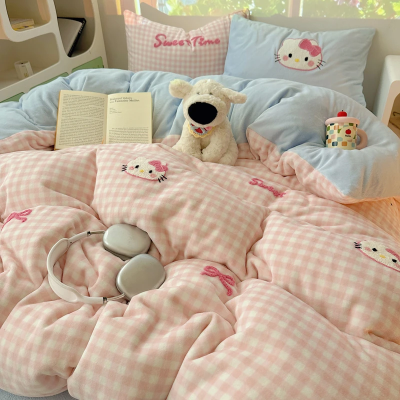 ins少女毛巾绣牛奶绒四件套可爱kt猫冬季珊瑚绒床套四件套牛奶绒