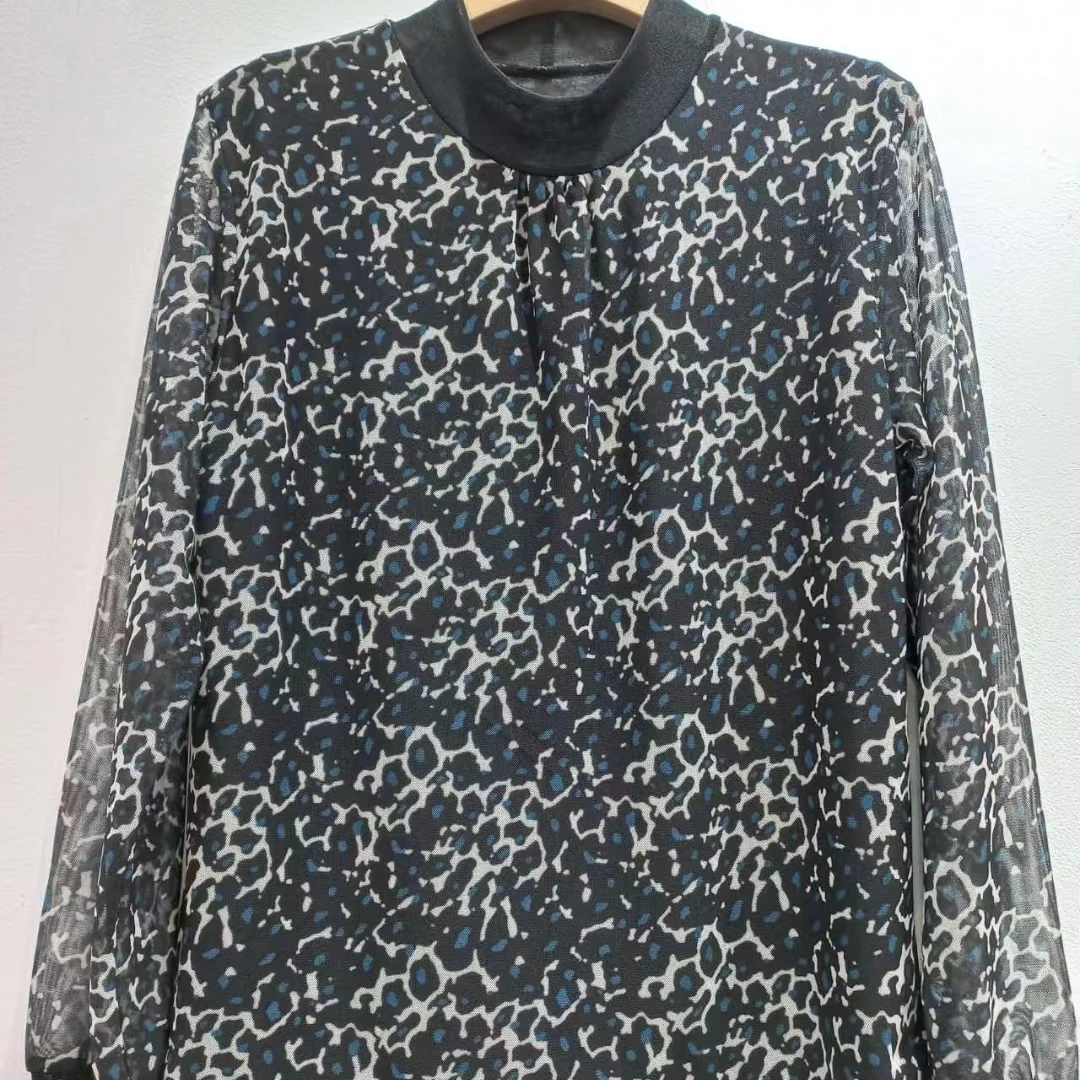 韩国2024新款豹纹印花打底衫网衫长袖休闲时尚百搭圆领