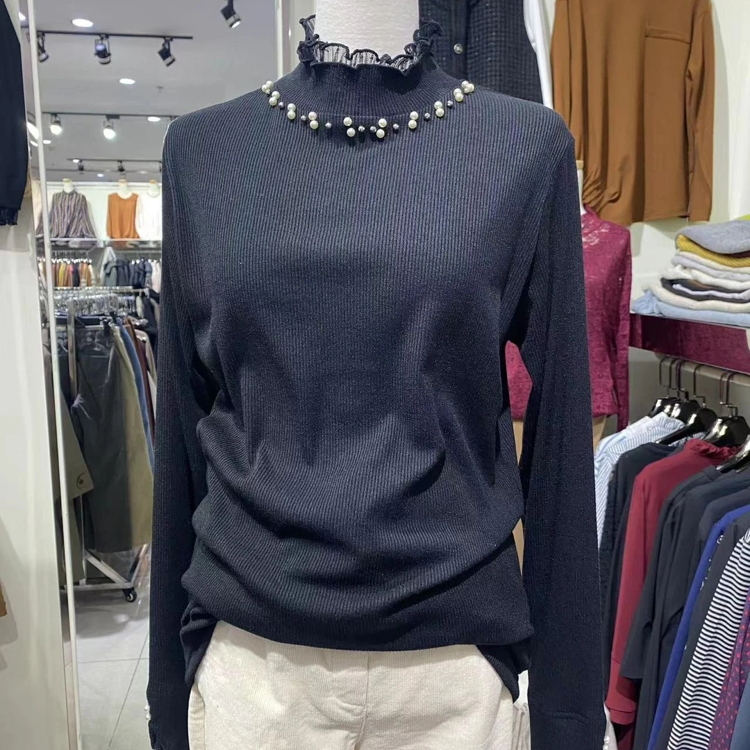 韩国正品弹力珍珠洋气打底衫黑色