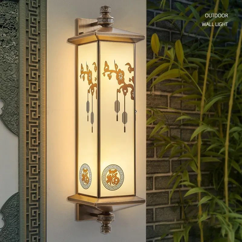 全铜太阳能户外壁灯别墅门柱壁灯防水中式阳台室外柱头灯大门灯